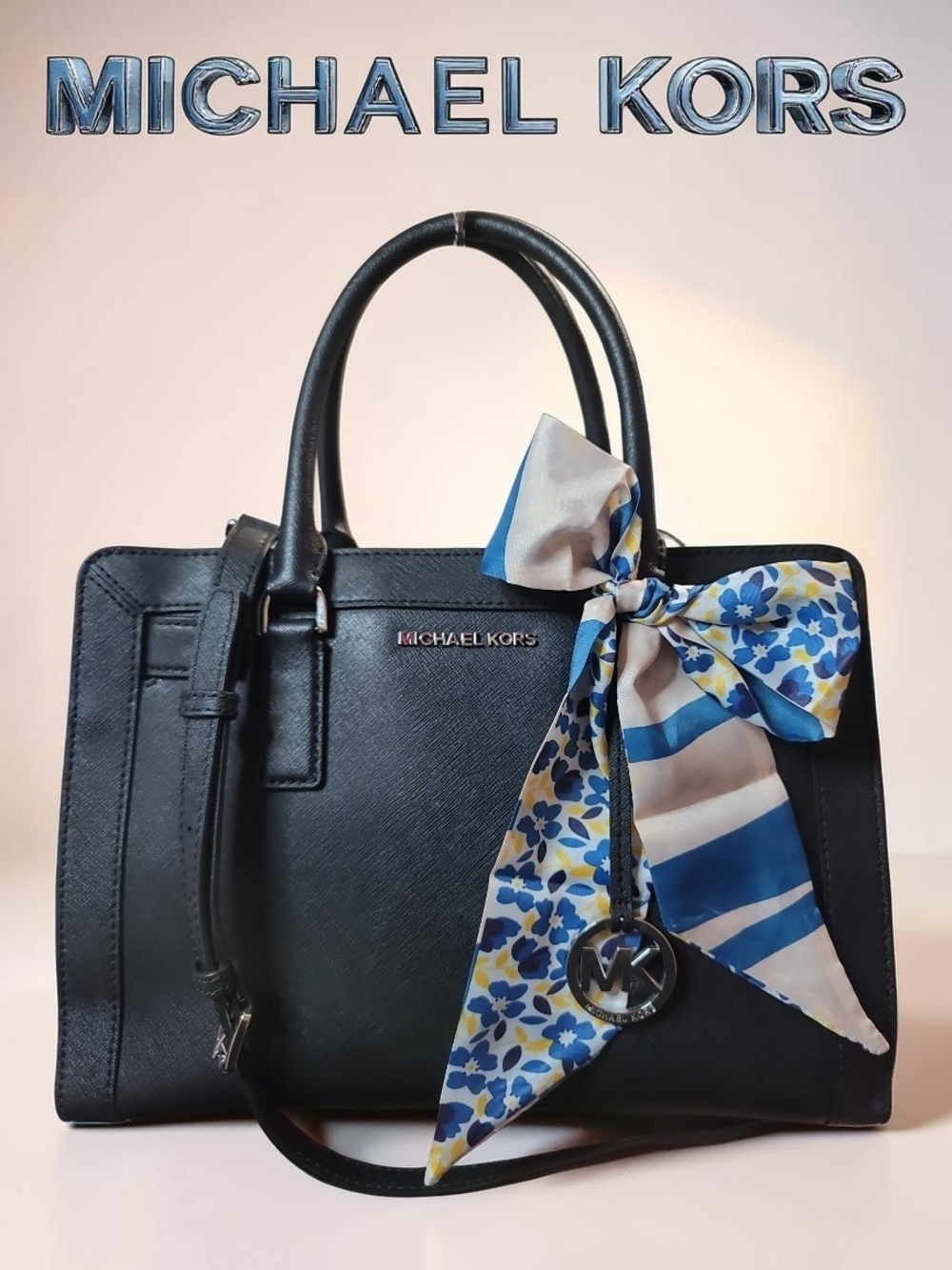 Michael Michael Kors Black Saffiano Leather Satchel with Blue Floral Scarf EUC